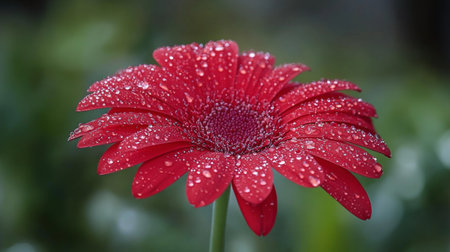 A single red flower with water droplets glistening on its petals, surrounded by blurred green foliage in the background.の素材