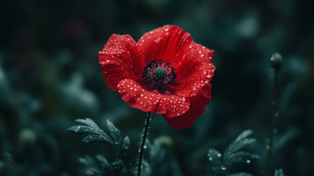 A single red flower with water droplets glistening on its petals, surrounded by blurred green foliage in the background.の素材