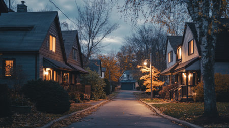 A serene evening shot of twin houses with warm lights glowing from the windows and a calm street lined with trees.の素材