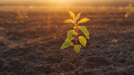 A young tree growing in an open field, with golden rays of sunrise shining through the morning mist.の素材
