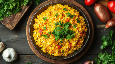 A top-down view of a plate of hot, freshly cooked rice with a garnish of herbs, served alongside curry and vegetables on a well-set dining table.の素材