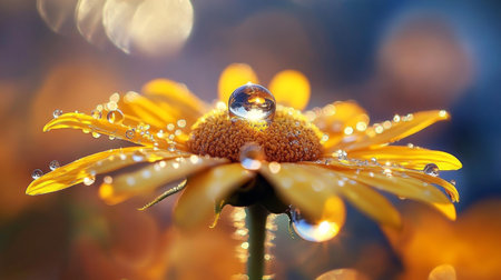 A vibrant sunflower with water droplets perched on its yellow petals, captured with sunlight reflecting off the droplets.の素材