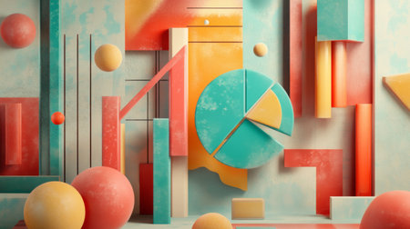 D bars and pie chart graphics in vivid colors, floating in space against a neutral backdrop for a visually impactful designの素材