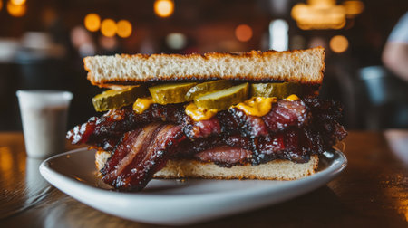 An artistic shot of a pork belly sandwich with crispy skin, layered with pickles and mustard on artisan bread, highlighting the deliciousness of this comfort foodの素材