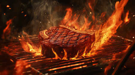 An artistic view of a steak sizzling on a hot grill, with flames and smoke rising, capturing the essence of outdoor cooking and barbecue cultureの素材