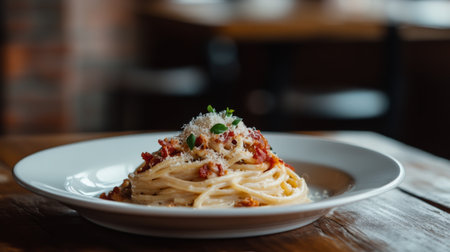 A beautifully arranged plate of classic spaghetti carbonara, topped with grated Parmesan cheese and crispy pancetta, against a rustic wooden table backdropの素材