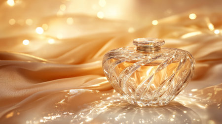 An elegant perfume bottle against a backdrop of shimmering gold fabric, with light reflecting off its surface, capturing luxury and sophisticationの素材