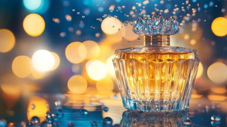 A captivating scene of perfume mist gracefully diffusing in the air, with shimmering droplets catching the light, embodying the allure of fragranceの素材