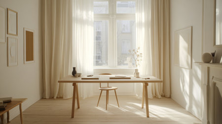 A bright, airy home office with a minimal desk design, featuring a simple chair, a few decorative items, and sunlight filtering through sheer curtainsの素材