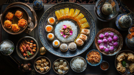A beautiful overhead view of a Thai dessert table featuring various traditional sweets, including coconut milk jelly and golden threads, capturing the richness of Thai flavorsの素材