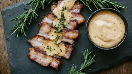 A beautiful presentation of bacon strips on a slate platter, garnished with fresh herbs and served alongside a dipping sauce, perfect for entertainingの素材