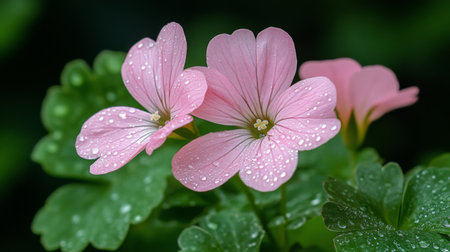 A delicate pink flower with water droplets on its petals, resting gently on green leaves, captured in early morning light.の素材