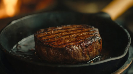 A detailed shot of a cast-iron skillet with a perfectly seared steak, showcasing the cooking surface and rich texture of the food, with a wooden handle in focus.の素材