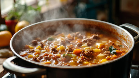 A detailed shot of a large stock pot filled with a hearty stew, with ingredients like vegetables and meat visible, and steam rising from the pot.の素材