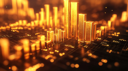 A close-up of a D gold bar chart on a digital screen, with gleaming gold bars rising from a grid, representing financial or investment data with a luxurious touch.の素材