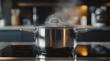 A close-up of a shiny stainless steel pot with a lid slightly ajar, showing a hint of steam escaping, set on a modern stovetop with a blurred kitchen background.の素材