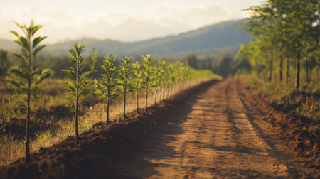 A line of saplings planted along a dirt road, representing reforestation efforts in a rural area.の素材