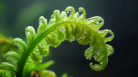 A macro shot of fresh green leaves unfurling on a young tree branch, glistening with morning dew.の素材