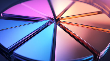 A top-down view of a D pie chart representing different financial sectors, with shiny, metallic segments and clear labels indicating various investment categories.の素材