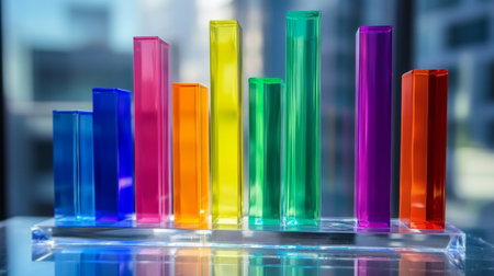 D bar graph with vibrant colors, arranged in ascending order on a transparent glass base, with soft ambient lightingの素材