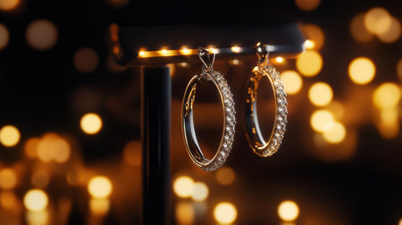 A captivating image of hoop diamond earrings hanging gracefully from a jewelry stand, illuminated by soft lighting to emphasize their exquisite sparkleの素材