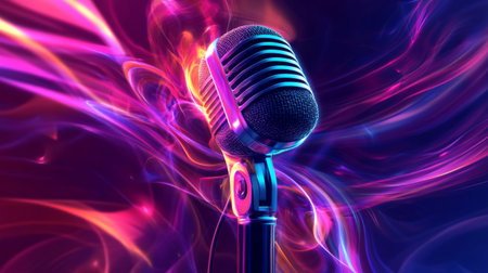 An abstract image of a microphone with swirling colors and lights, creating a vibrant atmosphere that symbolizes energy and creativity in musicの素材