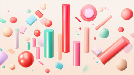 D bars and pie chart graphics in vivid colors, floating in space against a neutral backdrop for a visually impactful designの素材