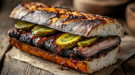 An artistic shot of a pork belly sandwich with crispy skin, layered with pickles and mustard on artisan bread, highlighting the deliciousness of this comfort foodの素材