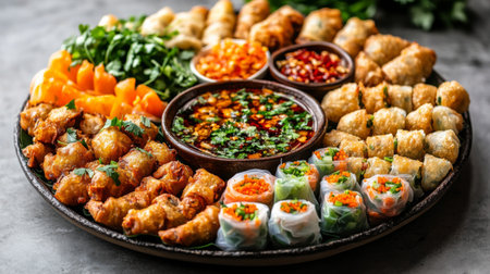 A beautifully arranged platter of assorted Thai spring rolls, including fresh and fried varieties, served with sweet chili sauce and garnished with herbsの素材