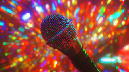A close-up of a handheld microphone with vibrant colors reflecting off its surface, capturing the excitement of live performances and music eventsの素材