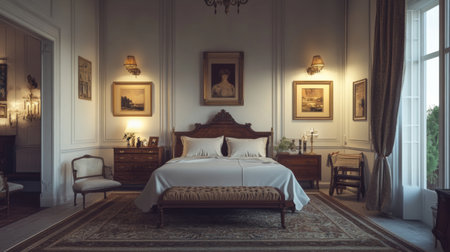 A classic bedroom with vintage furnishings, a soft rug, and framed art on the walls, creating a nostalgic and welcoming environment for restの素材