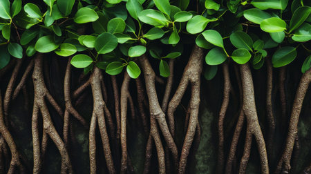 A close-up of the unique bark texture of a mangrove tree, surrounded by green leaves and water, highlighting the resilience of coastal ecosystemsの素材