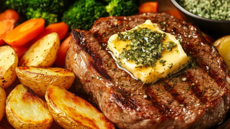 A close-up of a juicy steak topped with herb butter, melting over the edges, accompanied by a side of roasted potatoes and seasonal vegetablesの素材