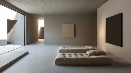A minimalist living space with a neutral color scheme, featuring a comfortable sofa, a few decorative pillows, and minimalistic artwork on the wallsの素材