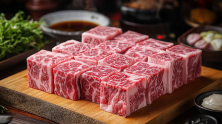 A close-up of a selection of fresh cuts of beef arranged on a wooden cutting board, showcasing the marbling and vibrant red color of the meat against a rustic backdropの素材