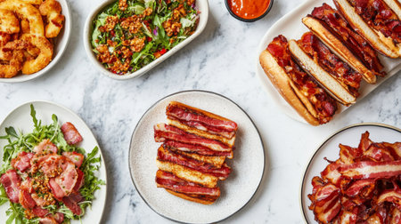 A creative flat lay of various bacon dishes, including bacon sandwiches, salads with bacon bits, and a side of crispy bacon strips, showcasing versatilityの素材