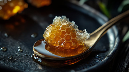 A close-up of honeycomb with a dollop of honey on a spoon, showcasing the intricate hexagonal pattern and the glossy texture of the honey.の素材