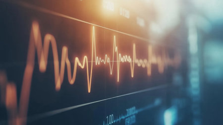 A close-up view of an electrocardiogram ECG monitor displaying a heart wave pattern, with vibrant lines showing the rhythm of a beating heart against a dark backgroundの素材