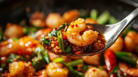 A close-up of a spoonful of spicy  being scooped from a bowl, with a focus on the texture and richness of the chili paste against a backdrop of fresh ingredients.の素材