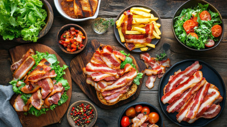 A creative flat lay of various bacon dishes, including bacon sandwiches, salads with bacon bits, and a side of crispy bacon strips, showcasing versatilityの素材