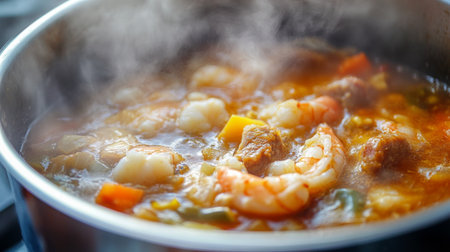 A close-up of seafood gumbo simmering in a pot, filled with shrimp, sausage, and vegetables, showcasing the rich and hearty flavors of this classic dishの素材