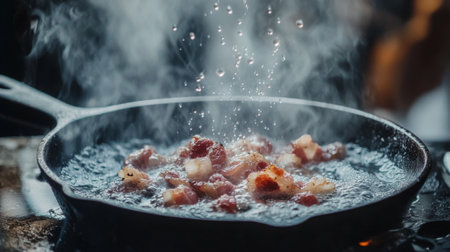 A detailed image of bacon being cooked in a cast-iron skillet, with droplets of grease splattering, evoking the sounds and aromas of a hearty breakfastの素材