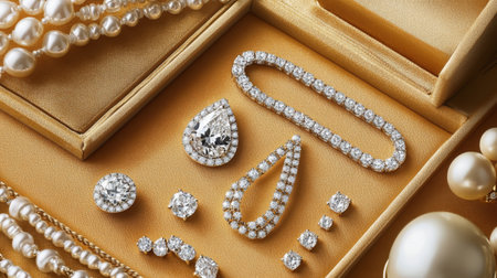 A creative flat lay of diamond earrings alongside other fine jewelry pieces, arranged artistically on a plush surface to convey a sense of luxury and styleの素材