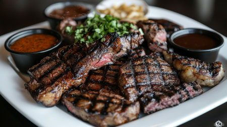 A delicious platter of assorted grilled steaks served with a variety of dipping sauces, highlighting the diverse flavors and cuts of meat availableの素材