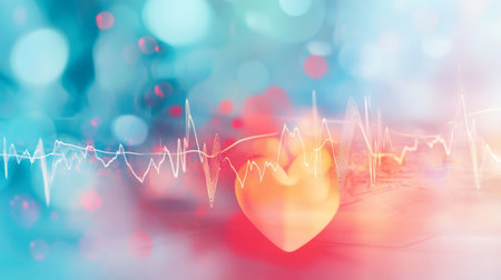 A dynamic heart waveform overlaid on a faint background of medical equipment, symbolizing the interplay between technology and human healthの素材