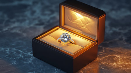 A dramatic shot of a diamond placed inside an open jewelry box, with soft lighting illuminating the stone and the intricate box designの素材