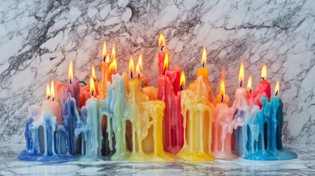 A cluster of colorful candles melting slightly on a marble surface, with drips of wax creating interesting patterns and texturesの素材