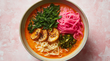 A delicious bowl of Khao Soi, featuring egg noodles in rich coconut curry broth, topped with pickled mustard greens and shallots, representing Northern Thai flavorsの素材
