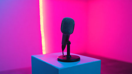 A minimalistic composition featuring a microphone on a podium, with soft lighting highlighting its form, symbolizing public speaking and presentationsの素材