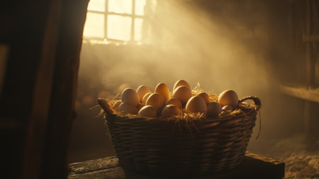 A close-up view of eggs resting in a woven basket, with soft sunlight filtering through, creating a warm and inviting sceneの素材